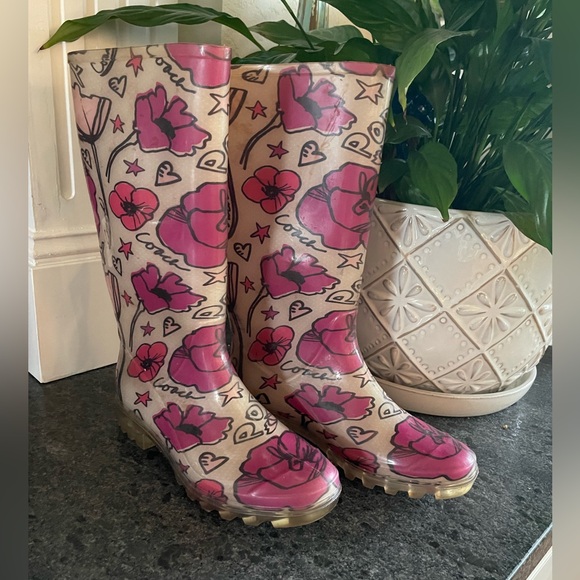COACH RUBBER RAIN BOOTS FLORAL POPPY DESIGN - women’s size 8 - Picture 1 of 5